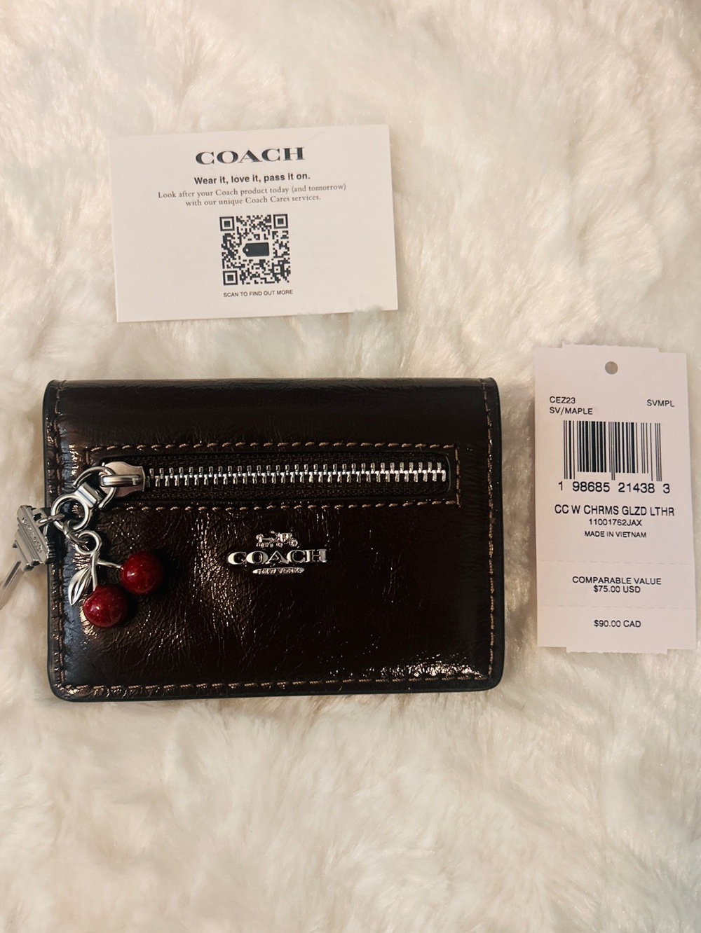 Coach Glazed Maple Brown Card Holder Leather Wallet w/ Silver Cherry Charm NWT